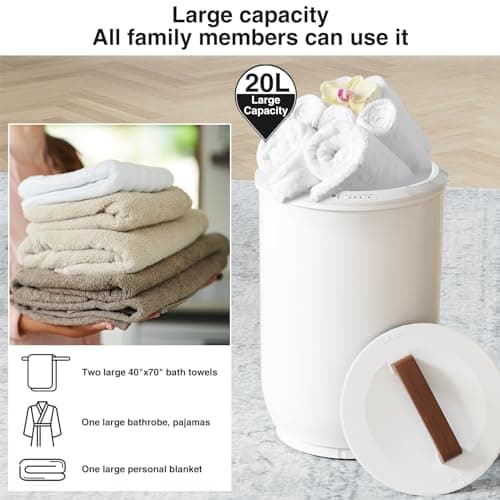 SAMEAT Heated Towel Warmers for Bathroom - Large Towel Warmer Bucket, Wood Handle, Auto Shut Off, Fits Up to Two 40"X70" Oversized Towels, White B0C7KQTXV1