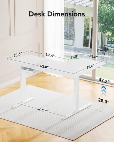 HUANUO L-Shaped Standing Desk, 63 x 40 inch Dual Motor Corner Standing Desk, Electric Height Adjustable Computer Desk with Cable Tray & 3 Preset Heights, Raising Desk for Home Office, White, HNESD109