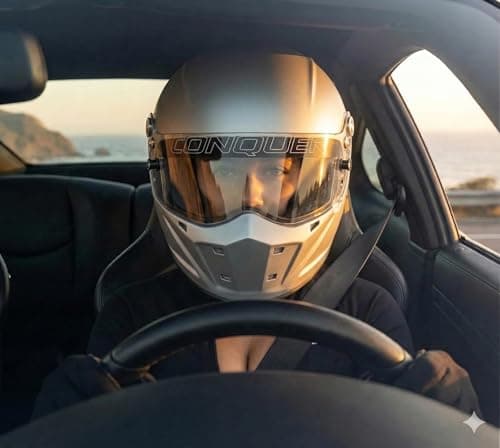 Conquer Snell SA2025 Approved Full Face Auto Racing Race Car Helmet - Adult | Men | Women | - Black / White / Silver
