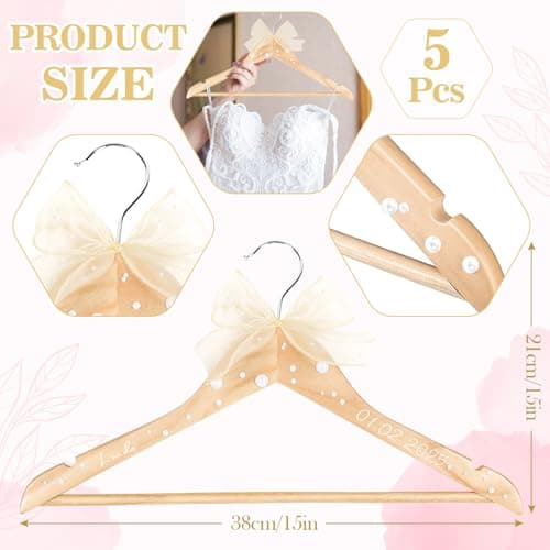 5 Pcs Wedding Bridesmaid Hanger Personalized Name Hanger Natural Wood Hangers with Ribbon Bows Pearls Stickers Transfer Sticker Gifts for Bridal Shower Party Favors DIY Crafts Supplies