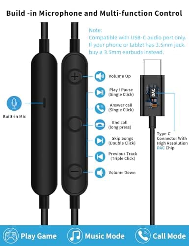 3 Pack 3.5mm USB C Headphone for Samsung Wired Earbuds Magnetic in-Ear Type C Earphone with Microphone Volume Control Bass Stereo Noise Canceling for iPhone