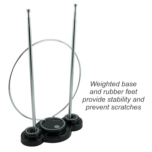 GE Traditional Rabbit Ears Indoor Black TV Antenna, 15 inch Extendable Dipoles and Circular Loop, Tabletop Antenna, Digital, HDTV Antenna, Smart TV Compatible, 4K 1080P VHF UHF, Compact Design, 33676 Rabbit Ear Antenna