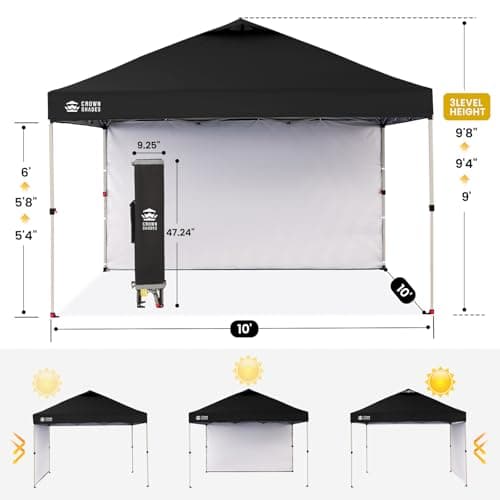 CROWN SHADES 10x10 Pop Up Canopy with 1 Side Wall - Beach Tent with One Push Setup - Outdoor Sun Shade for Events, Parties, Camping - Gazebo with STO-N-Go Cover Bag (Black)