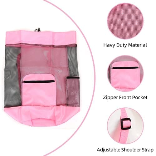 Beach toy bag，mesh backpack for beach,Beach Must Haves Sand Box Toys Seashell Bags，Waterproof Swim Mesh Beach Bag (1, Pink)