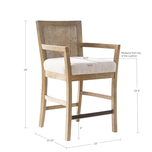Madison Park Bar Stool with Rattan Back, Wood Counter Height Barstools, Farmhouse Stools with Open Arm Design, Mid-Century Modern Upholstered Bar Chair for Kitchen Island, 18.5" D x 18.5" W x 25.5" H