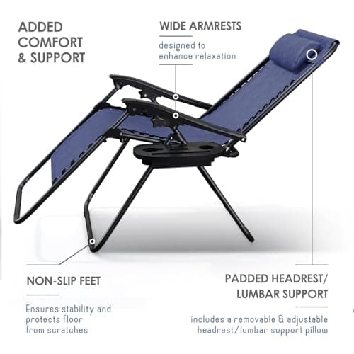 Nestl Zero Gravity Chairs, Portable Patio Lounge Chair Outdoor with Pillows & Cup Holder Trays, Adjustable Steel Mesh Reclining Camping Chair, Folding Patio Lawn Chair for Deck, Beach, Yard - Blue