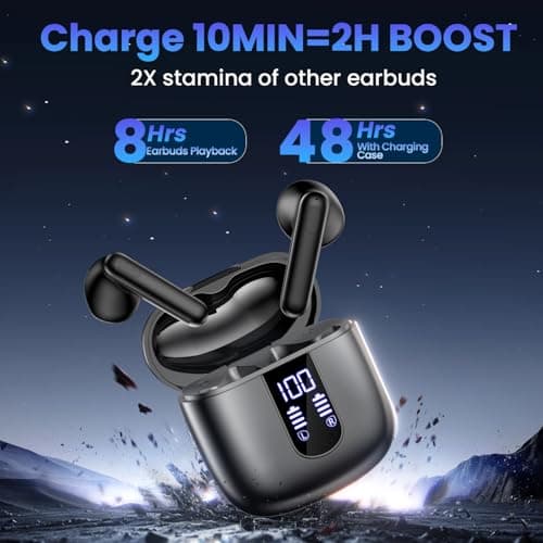 Haqquio Wireless Earbuds, Bluetooth Headphones with Deep Bass Stereo, 48H Playback Ear Buds with LED Power Display, Lightweight, IPX7, in-Ear Earphones with Mic for iPhone/Android/iPad, Black