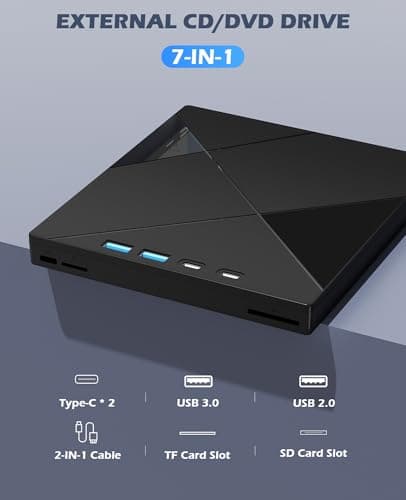 Wbacon 7 in 1 External CD/DVD Drive for Laptop, Portable DVD Player for Laptop with SD/TF Port, External DVD Drive with USB 3.0/Type C, CD Drive USB for PC Windows Linux
