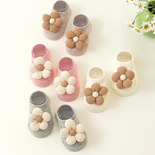 4Packs Baby Girls Socks,Flower Non-Slip Grips for Babies Toddler Princess Low Cut Ankle Socks for Girls