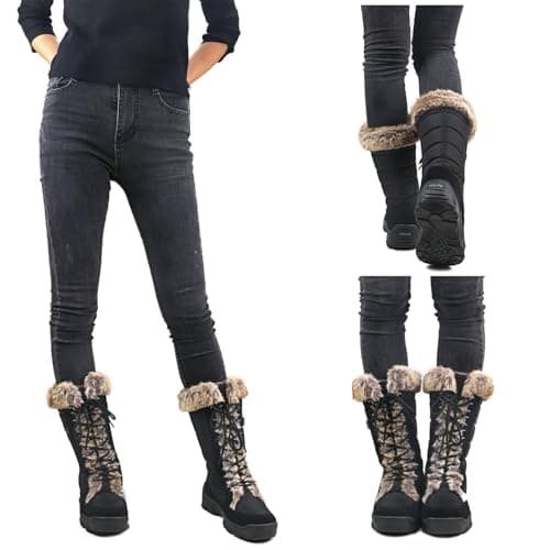 AUSLAND Women's Black Winter Snow Boots Twin Peaks Fur Cuff Mid-Calf Waterproof Lace Up Boots
