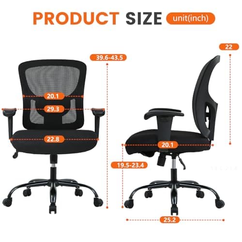 Big and Tall Office Chair 400lbs Wide Seat Desk Chair Computer Chair with Lumbar Support Adjustable Arms Task Rolling Swivel Mesh Executive High Back Ergonomic Chair for Adults Women,Black