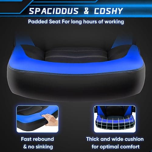 OLIXIS Computer Gaming Chair - PU Leather Ergonomic Lumbar Support with Flip-up Armrest and 360° Swivel Wheels, Height Adjustable Task Home Office Desk Video Racing, Black and Blue