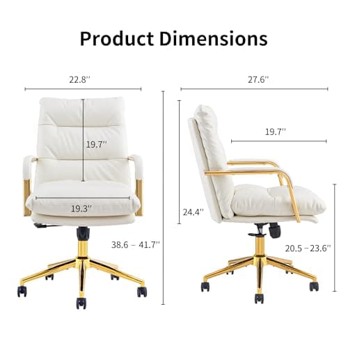 Leather Home Office Desk Chair, Executive Comfy Desk Chair with Support Armrests, Swivel Wheels, Height Adjustable, Mid Back, 360 Swivel, Computer Chair for Office Room, White