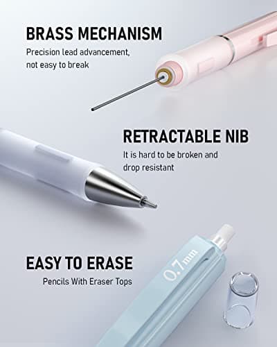 Nicpro 3PCS Cute Mechanical Pencil Set with Case, 0.7 mm Pencils with 6 Tube HB Lead Refill, 3PCS Eraser, 9PCS Eraser Refill for School Supplies Student Writing, Drafting Drawing Sketching