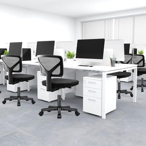 DUMOS Armless Office Chairs with Wheels, Ergonomic Adjustable Home Desk Swivel Rolling Task Chair No Arms, Comfy Mesh Mid Back Computer Work Vanity Desk Chairs for Small Spaces, New Black
