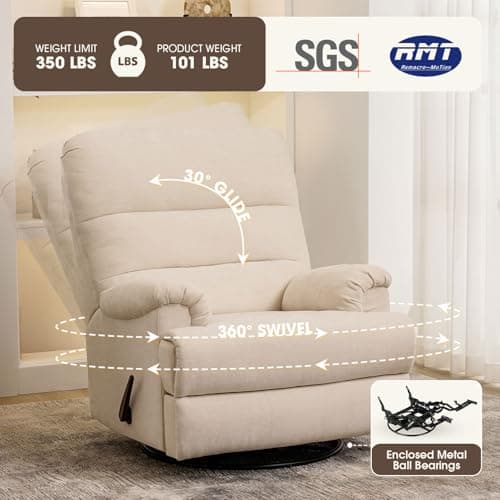 Large Glider Rocker Recliner,Beige Swivel Rocking Recliner Chair,Reclining Sofa Rocking Chair Nursery,23 Inches Deep Seat & 27 inches High Back,for Living Room, Bed Room‎ (Beige)