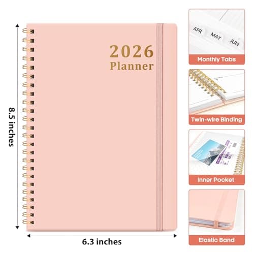 2026 Planner, Weekly and Monthly Calendar Planner, January 2026 - December 2026, Hardcover 2026 Calendar Book with Tabs For Women & Men, Inner Pocket, Spiral Bound, Perfect for Office Home School Supplies - A5 (6.3" x 8.5"), Pink
