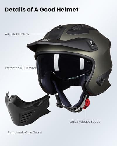 ILM Open Face Motorcycle 3/4 Half Helmet for Dirt Bike Moped ATV UTV Motocross Cruiser Scooter DOT Model 726X (Midnight Green,XL)