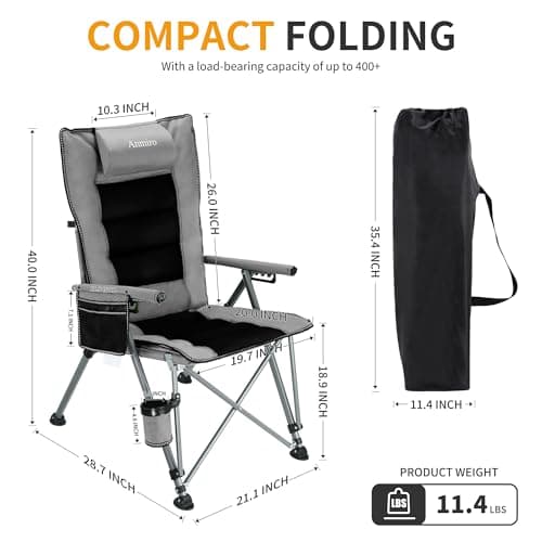 Folding Camping Chair with Cup Holder and Storage Bag, Heavy Duty Support 400 LBS, Oversized Collapsible Portable Adjustable Back Support Camping Chair for Outdoor Lawn Patio Balcony