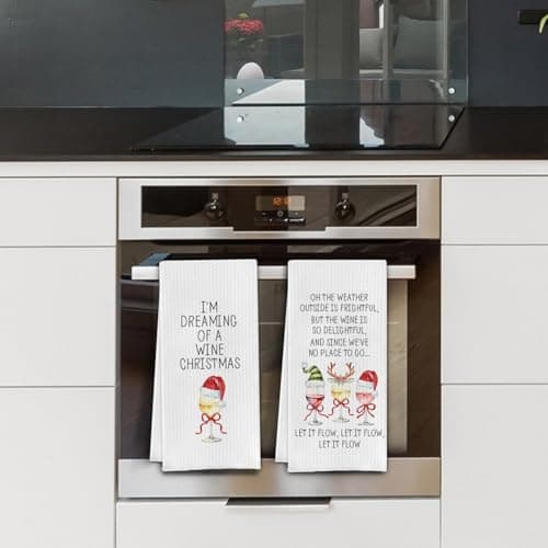Funny Christmas Wine Kitchen Towels, Gifts for Wine Lovers Dish Tea Towels for Kitchen Bar Cart Decor, Winter Holiday Xmas Wines Decorative Hand Towel, 16x24 Inch Set of 2