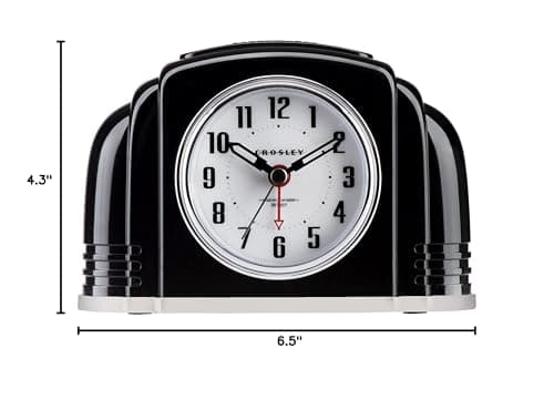 Crosley Vintage Art Deco Analog Alarm Clock, Quiet Ticking, Automatic Dimmable Smart Light, Simple Controls, (Black)