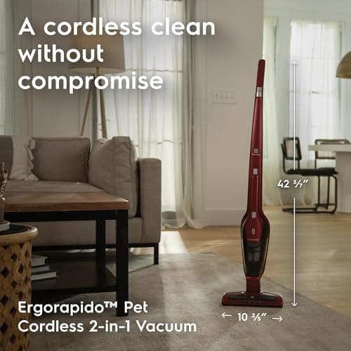 Electrolux Ergorapido Pet Cordless 2-in-1 Vacuum Cleaner with Motorized Pet Nozzle for Easy Pet Hair Removal, 48-Minute Run Time, 2 Power Modes, Chili Red