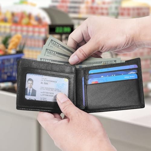 MARZAHAR Genuine Leather Mens Wallet, RFID Blocking Bifold Wallet for Men with ID Window, 11 Credit Card Slots (Black)