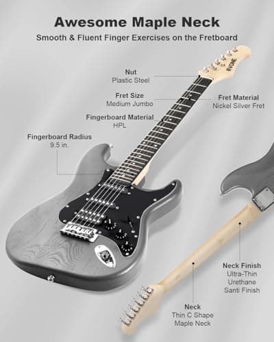 RVONE RST-150 39" Beginner Electric Guitar Kit with Amp & HSS Pickups | Complete Starter Set for Newcomers w/Essentials | Gig Bag, Extra Strings, Digital Tuner, Capo, Strap | Home Practice (Black)