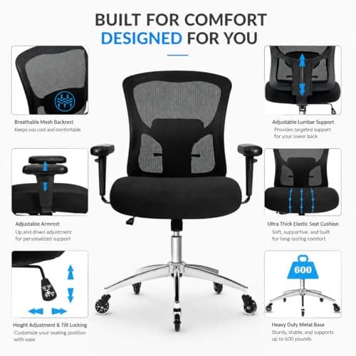 Big and Tall Office Chair 600lbs, Heavy Duty Ergonomic Mesh Chair, Computer Executive Desk Chair with Wide Thick Seat, Adjustable Armrests, Lumbar Support (Black, 601LBS) (Black, 601LBS)