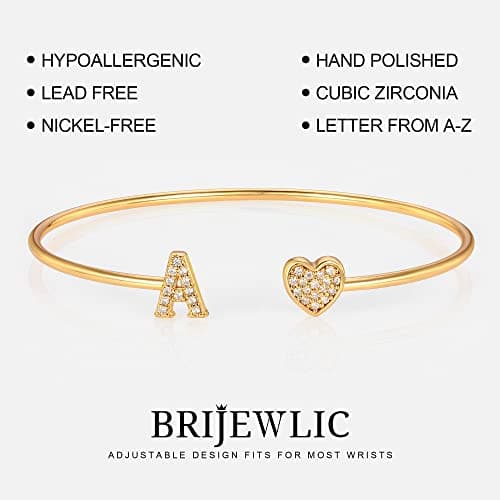 Adjustable Open Cuff Bracelet, Dainty Letter Jewelry, Daughter Sister Bridesmaid Friend, Birthday Christmas Graduation Gift Gold Bracelets for Women Teen Girls, 14K Gold Plated Initial Heart Bangle B0BN2VW1K4
