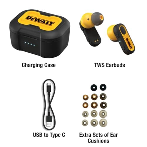 DEWALT Heavy Duty True Wireless Ear Buds, Bluetooth Headphones with Type C Charging Case Included, Over 37 Hours of Battery Life, Easy Setup for iPhone, Perfect for Jobsite, Outdoor Work, Yellow