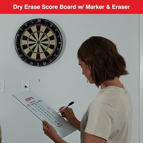 ESPN Dart Board Includes 6 Steel Tip Darts, Bristle Dartboard with Radial Spider Wire and Staple Free Bullseye, Ideal Gifts for Men
