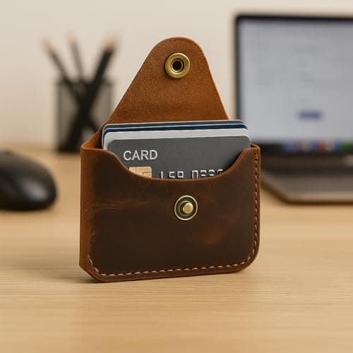 TheAntiq Brown Leather Card Holder Minimalist Wallet Handmade - Slim Credit Card Case with Button Closure - Compact Leather Card Case Holds Up to 4 Cards - Front Pocket Wallet for Men & Women