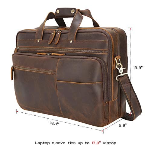 Polare X-Large 18" Full Grain Leather Briefcase For Men Business Travel Case Messenger Bag Fits 17.3" Laptop