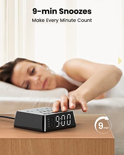 JACKYLED Alarm Clock with 4 USB Chargers Power Strip 3 Outlets 1700J Surge Protector Nightstand Dimmable Digital Clock with Dual Alarm and Snooze Function for Bedroom, Full Screen LED Display