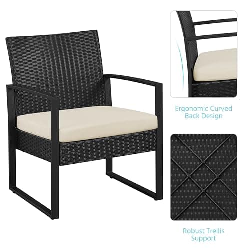Yaheetech 3 Pieces Rattan Bistro Set, Outdoor Wicker Patio Modern Conversation Furniture, 2 Chairs & Tempered Glass Coffee Table for Garden, Balcony, Backyard, Poolside, Black/Beige