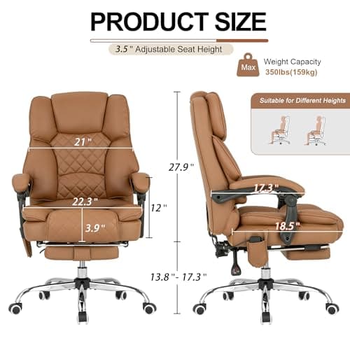 Kneading Massage Office Chair with Heated,90-135° Reclining Executive Office Chair with Footrest,Computer Desk Chair with Wheels,Diamond-Stitched Cushion Leather Office Chair,Brown