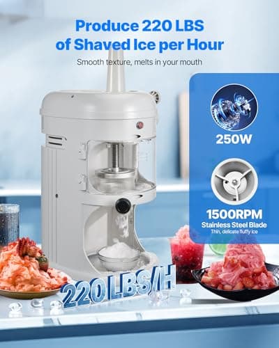 VEVOR Commercial Ice Shaver Crusher, 220lbs/hr Electric Fluffy Ice & Snow Cone Machine, 250W 1500RPM Tabletop Fluffy Shaved-Ice Machine for Parties Events Snack Bar, Home and Commercial Use (White)