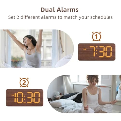 uscce Wooden Digital Alarm Clocks for Bedrooms: Dimmable Dual Alarm Clock with Large Numbers for Bedside Desk - Loud Alarm for Heavy Sleepers with Volume Control - Wood Decor & Gifts