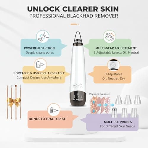 2026 Pore Vacuum, USB Rechargeable Blackhead Remover Vacuum,3 Levels Adjustable Pore Vacuum Blackhead Remover, with 6 Suction Power Probe,4 Golden Needle face Vacuum Pore Cleanser Kit-White