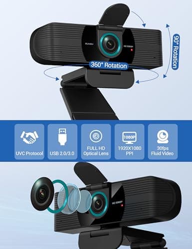 RUWBY Full HD 1080P Webcam with Built-in Dual Mics, Wide-Angle Lens, Privacy Cover, Tripod Stand, Autofocus Computer Camera, Plug and Play for Desktop PC or Laptop