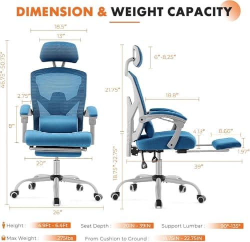 Sweetcrispy Office Computer Desk Chair with Footrest,Ergonomic High-Back Mesh Rolling Work Swivel Chairs with Wheels,Comfortable Lumbar Support,Comfy Arms for Home,Bedroom,Study,Student,Light Blue