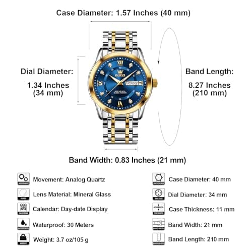 OLEVS Men's Stainless Steel Watch, Large Face Roman Numerals Diamond Accented Three-Hand Analog Quartz Watches for Men, Easy to Read Day Date Waterproof Luminous Mens Wristwatch