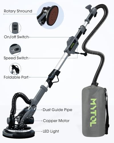 MYTOL Drywall Sander, 7.2A Electric Drywall Sander with Vacuum Dust Collection, LED Light, 6 Variable Speed Digital Display 900-1800RPM, Foldable & Extendable Handle (GREY)