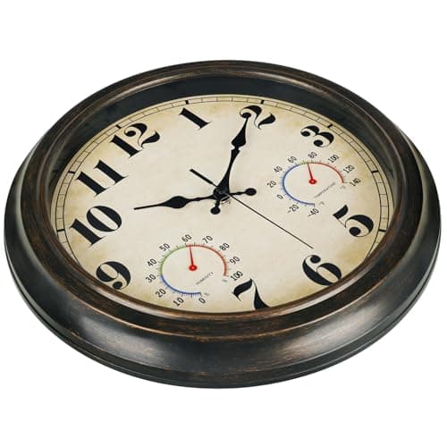 zyzamay 13 Inch Outdoor Clock with Thermometer and Hygrometer, Waterproof and Silent, Large Easy-to-Read Numbers, Ideal for Bedroom,Office,Living Room,Porch,Garden,Pool(BlackGold)