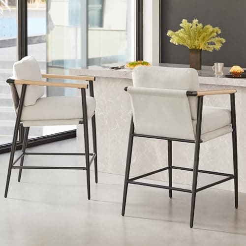 Watson & Whitely Mid Century Modern Barstools Set of 2, 26" H Upholstered Counter Height Bar Stools with Wood Armrests and Metal Legs, Fabric in Beige