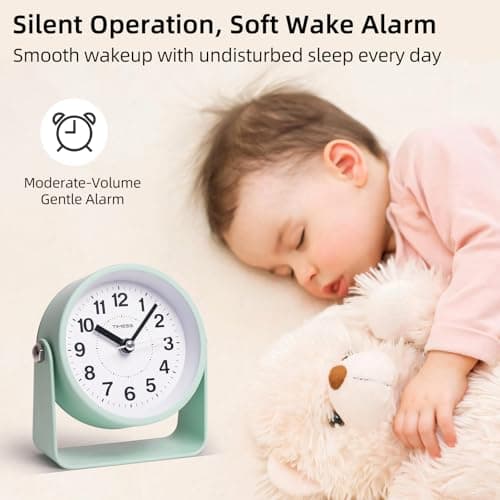 TIMESS Analog Alarm Clock, Silent Non-Ticking Quartz Movement, Battery-Operated with Snooze & On-Demand Light, Easy to Set Gentle Wake Bedside Desk Clock, Ideal for Home, Travel, Office (Green)