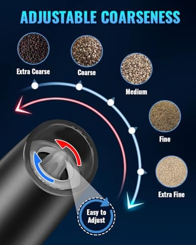 XinXu Gravity Electric Pepper and Salt Grinder Set, Adjustable Coarseness, Battery Powered with LED Light, One Hand Automatic Operation, 2 Pack/Black