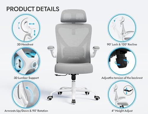 Ergonomic Office Chair: White Computer Desk Chair Comfy Gaming Chair for Adults - Office Chair with Lumbar Support & Headrest - Executive Office Rolling Chairs for Home Work (Grey)