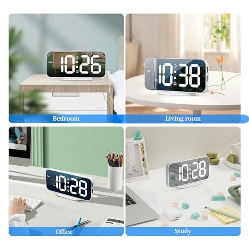 SMOUPING Digital Alarm Clock for Bedroom,6.7" LED Clock Mirror Surface with 2 USB Charger Port,Adjustable Brightness,Dual Alarm,Snooze,12/24H,Large Display Clock for Room Decor(White)